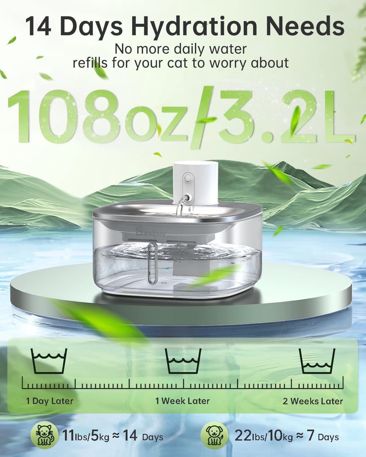 304 Stainless Steel Cat Water Fountain 3.2L Multi-Filtration Pet Water Fountain for Small Animals Sandpoy