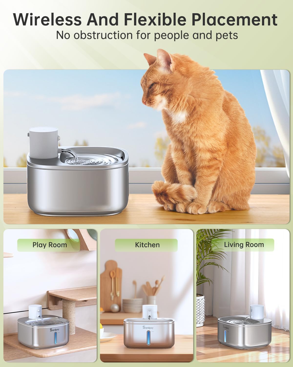 304 Stainless Steel Cat Water Fountain 3.2L Multi-Filtration Pet Water Fountain for Small Animals Sandpoy