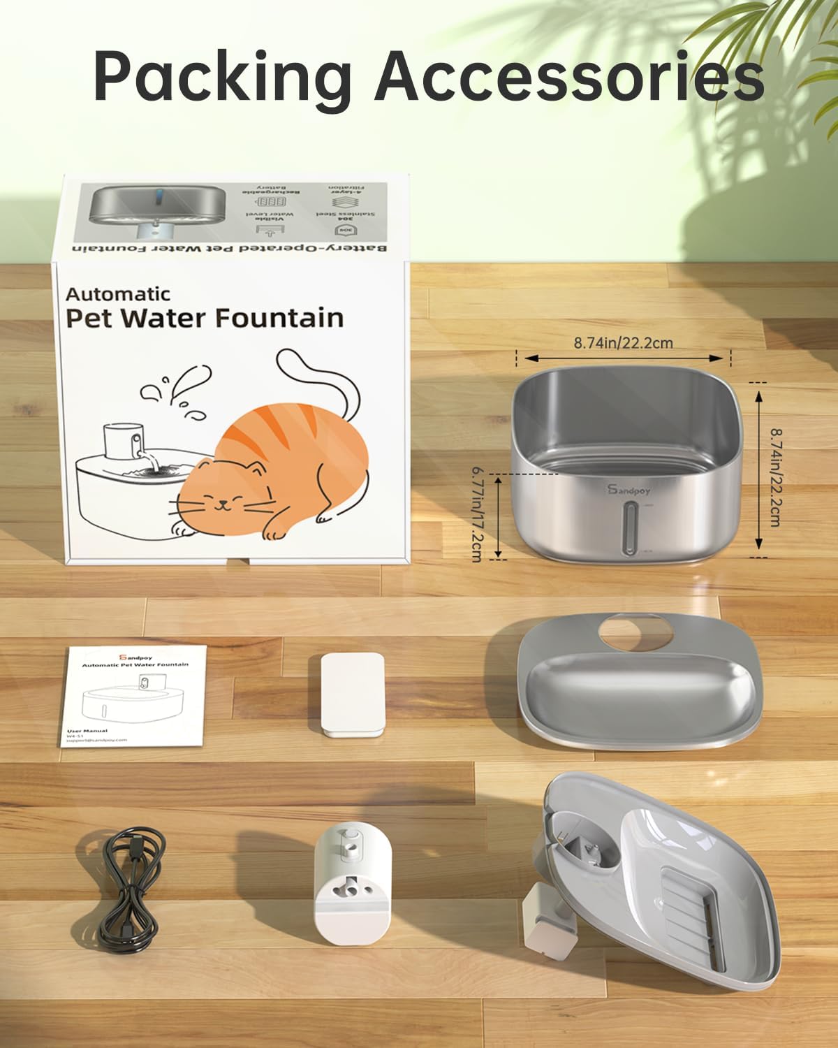 304 Stainless Steel Cat Water Fountain 3.2L Multi-Filtration Pet Water Fountain for Small Animals Sandpoy