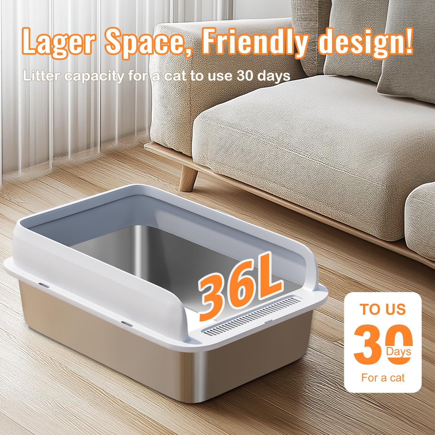 Enclosed Stainless Steel Litter Box with Lid XL Metal Litter Box for Big Cats with High Sided Sandpoy