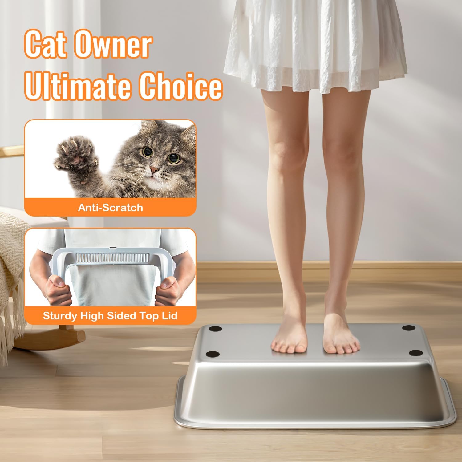 Enclosed Stainless Steel Litter Box with Lid XL Metal Litter Box for Big Cats with High Sided Sandpoy